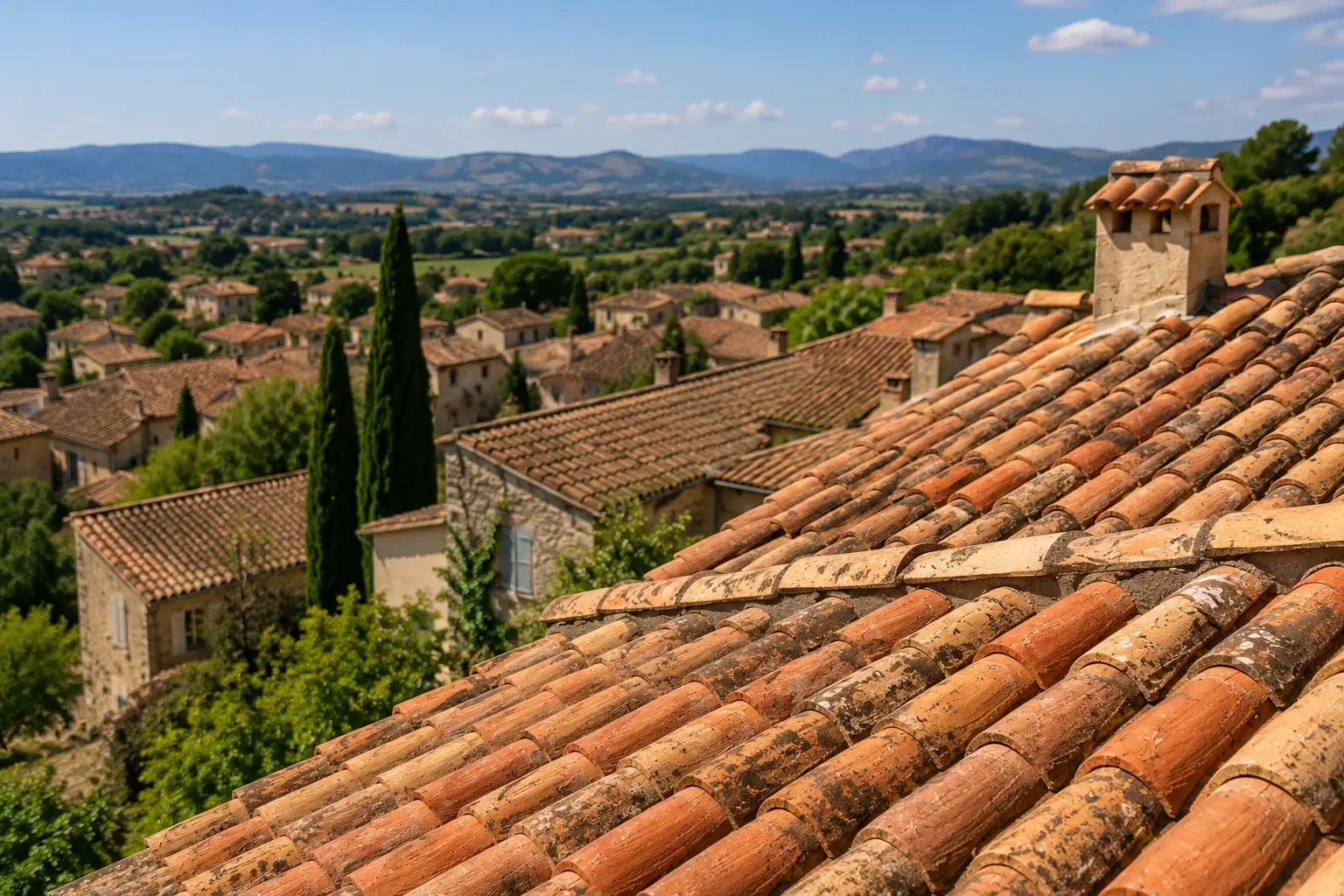 Tuiles en terre cuite fragilisées sur une toiture dans la Drôme